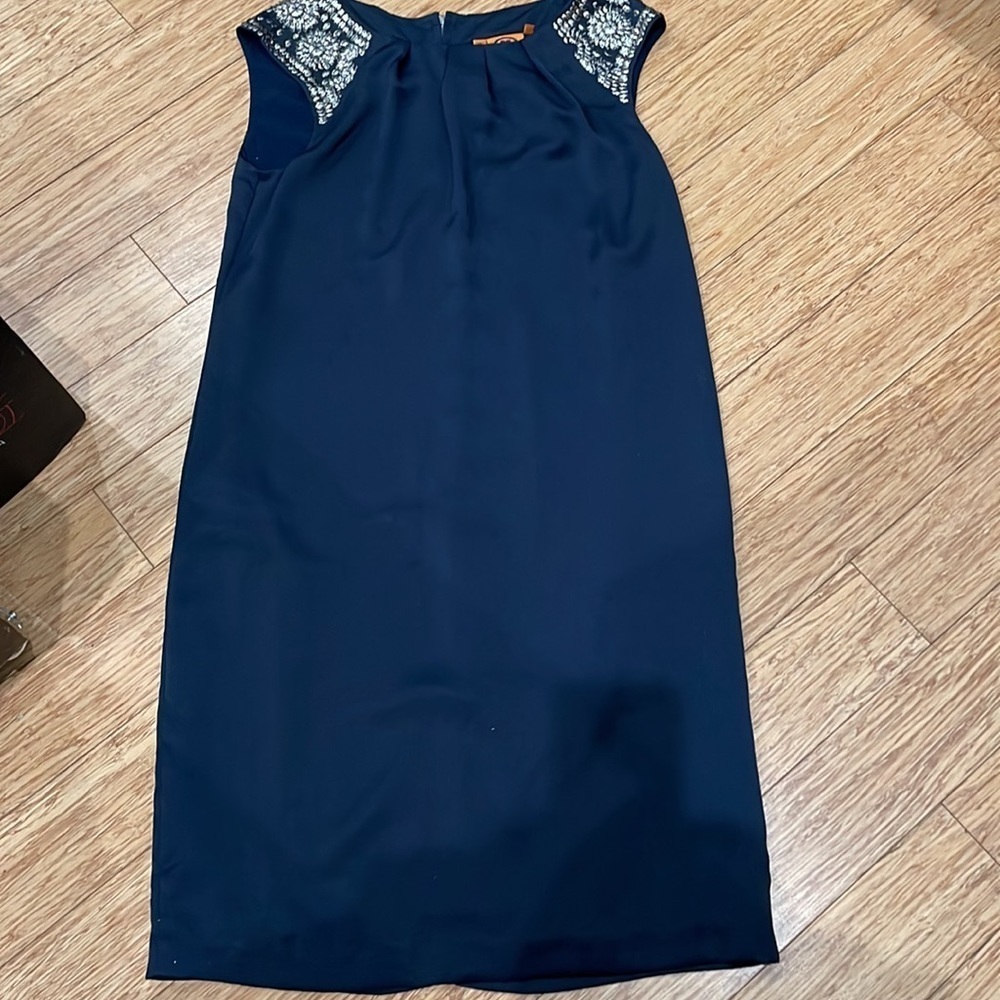 Tory Burch, sleeveless navy dress w/embellishments on shoulders, exposed zipper